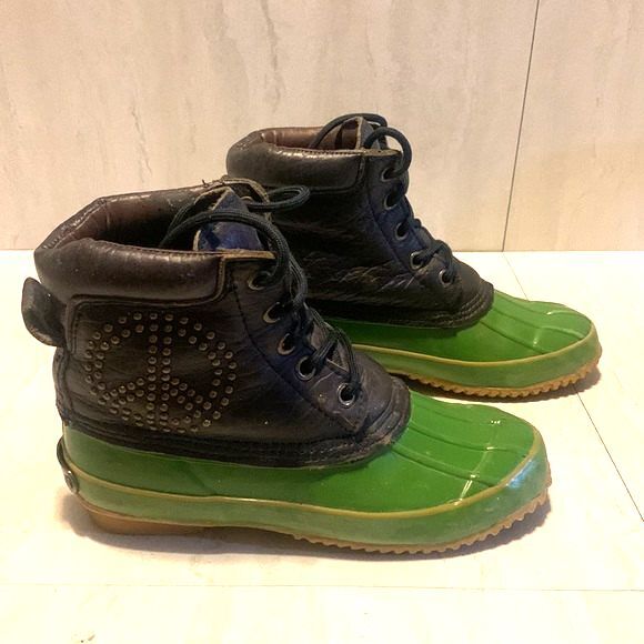 Lucky Brand Waterproof Boot Women 8M Leather Duck Muck Rain Green Black Classic - Picture 3 of 12